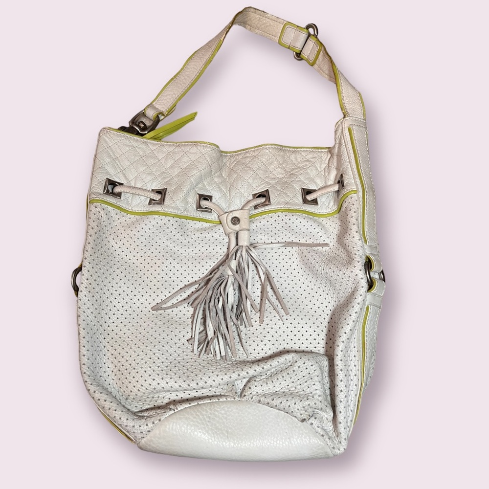 White leather with green PURSE.